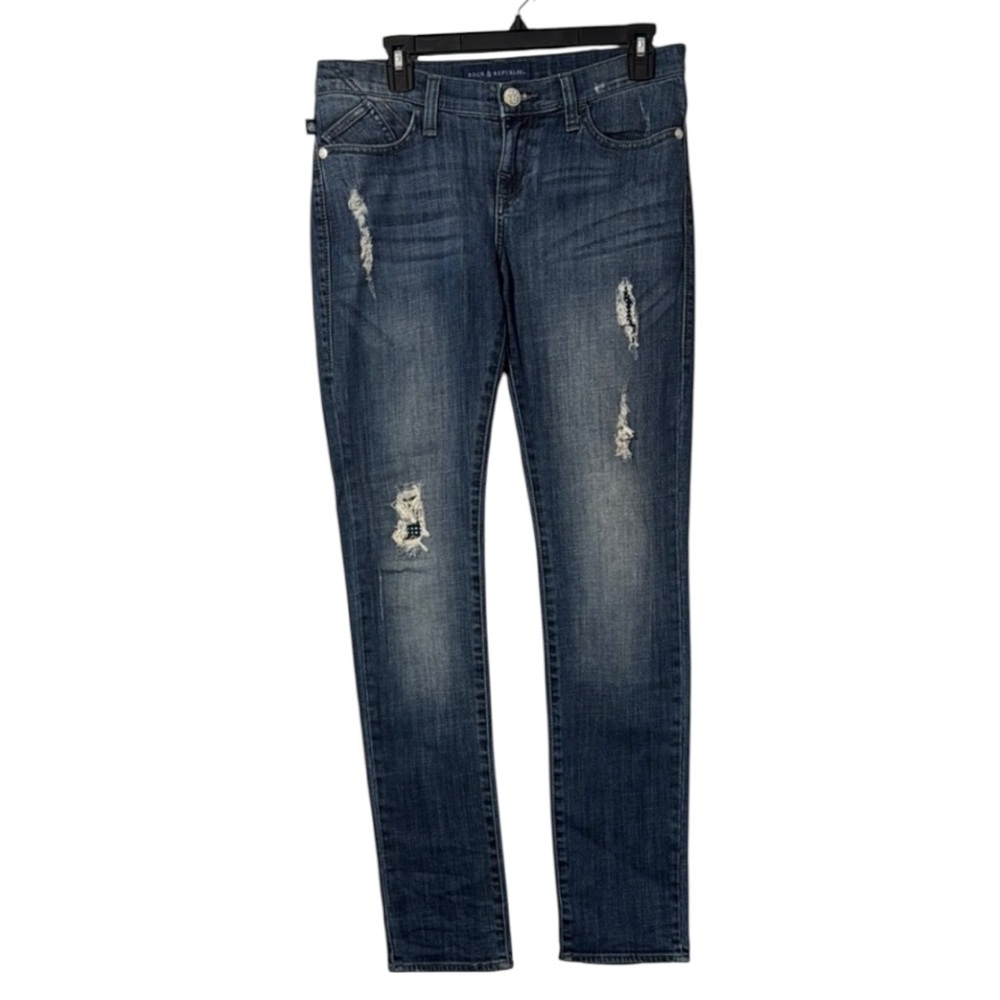 Rock & Republic Jeans Blue Medium Wash Distressed Sequined in Size 8 EUC